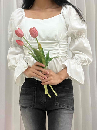 Romantic Satin Shirred Peplum Long Sleeve Blouse