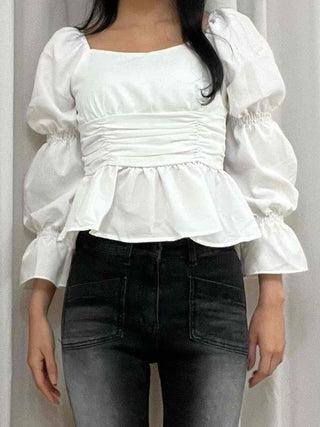Romantic Satin Shirred Peplum Long Sleeve Blouse