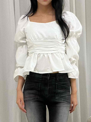 Romantic Satin Shirred Peplum Long Sleeve Blouse