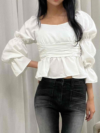 Romantic Satin Shirred Peplum Long Sleeve Blouse