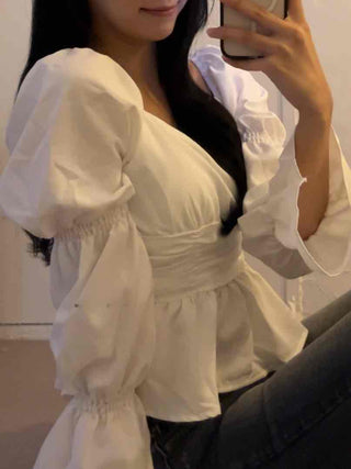 Romantic Satin Shirred Peplum Long Sleeve Blouse