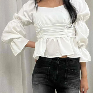 Romantic Satin Shirred Peplum Long Sleeve Blouse