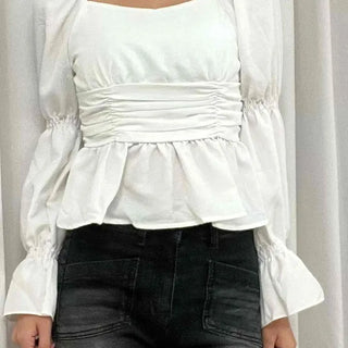 Romantic Satin Shirred Peplum Long Sleeve Blouse