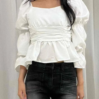 Romantic Satin Shirred Peplum Long Sleeve Blouse