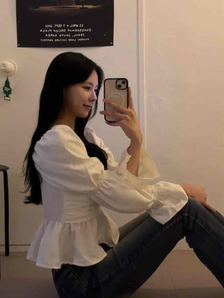 Romantic Satin Shirred Peplum Long Sleeve Blouse
