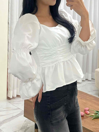 Romantic Satin Shirred Peplum Long Sleeve Blouse