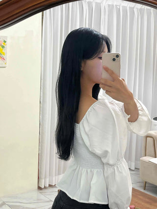 Romantic Satin Shirred Peplum Long Sleeve Blouse
