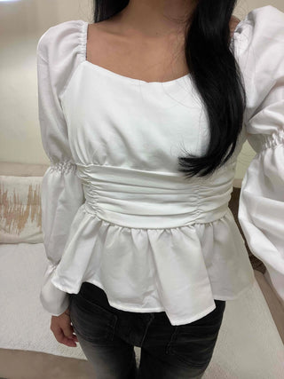 Romantic Satin Shirred Peplum Long Sleeve Blouse