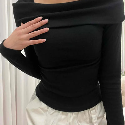 Delicate Fit Off-Shoulder Turtleneck Slim Fit Long Sleeve T-shirt