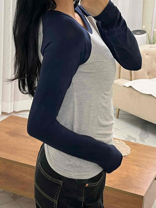 Daily Color Block Round Neck Slim Fit Long Sleeve T-shirt