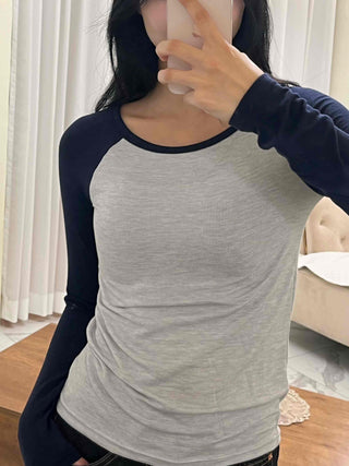 Daily Color Block Round Neck Slim Fit Long Sleeve T-shirt