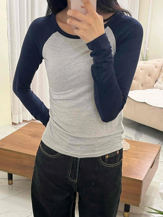Daily Color Block Round Neck Slim Fit Long Sleeve T-shirt