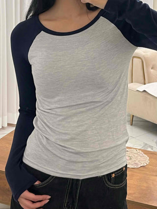 Daily Color Block Round Neck Slim Fit Long Sleeve T-shirt
