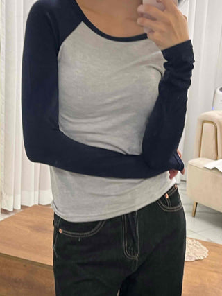 Daily Color Block Round Neck Slim Fit Long Sleeve T-shirt