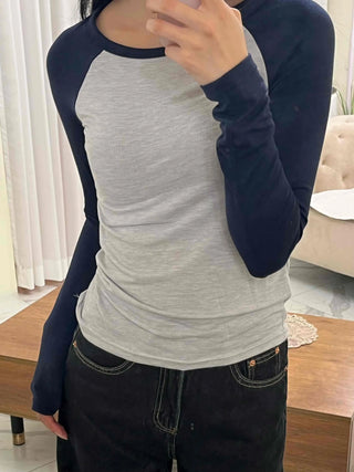 Daily Color Block Round Neck Slim Fit Long Sleeve T-shirt
