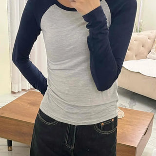 Daily Color Block Round Neck Slim Fit Long Sleeve T-shirt