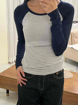 Daily Color Block Round Neck Slim Fit Long Sleeve T-shirt