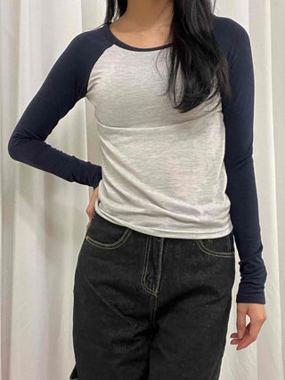 Daily Color Block Round Neck Slim Fit Long Sleeve T-shirt