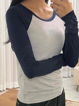 Daily Color Block Round Neck Slim Fit Long Sleeve T-shirt