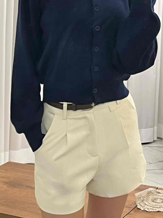 High-waisted Belted Pintuck Shorts