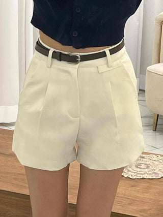High-waisted Belted Pintuck Shorts