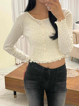 Vintage Mini Flower Frill Shirred Button Crop Two-Piece