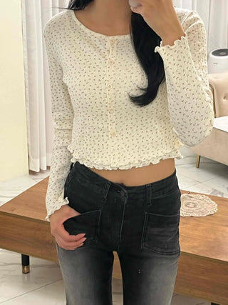 Vintage Mini Flower Frill Shirred Button Crop Two-Piece