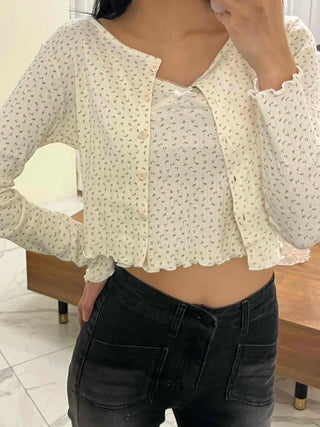 Vintage Mini Flower Frill Shirred Button Crop Two-Piece