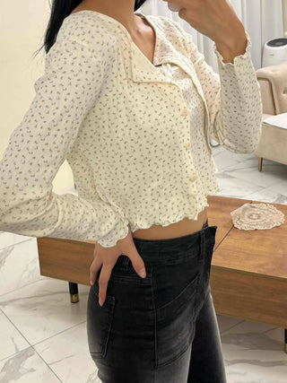 Vintage Mini Flower Frill Shirred Button Crop Two-Piece