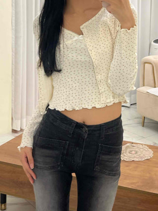 Vintage Mini Flower Frill Shirred Button Crop Two-Piece