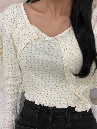 Vintage Mini Flower Frill Shirred Button Crop Two-Piece