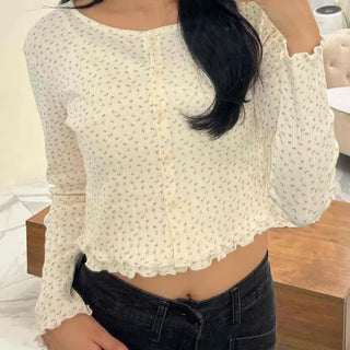 Vintage Mini Flower Frill Shirred Button Crop Two-Piece