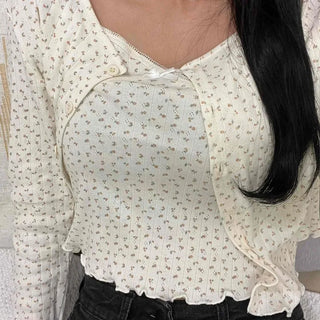 Vintage Mini Flower Frill Shirred Button Crop Two-Piece