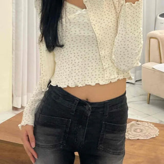Vintage Mini Flower Frill Shirred Button Crop Two-Piece