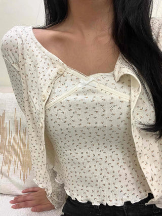 Vintage Mini Flower Frill Shirred Button Crop Two-Piece