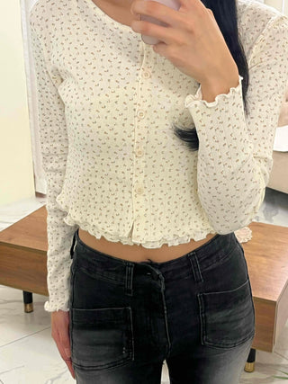 Vintage Mini Flower Frill Shirred Button Crop Two-Piece