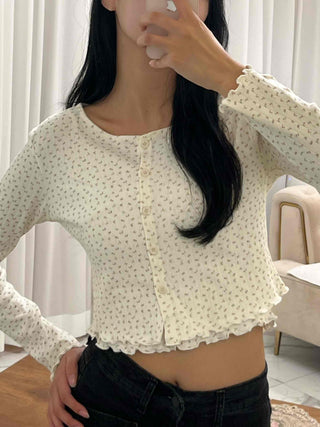 Vintage Mini Flower Frill Shirred Button Crop Two-Piece