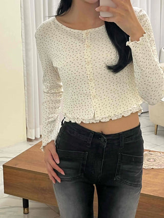 Vintage Mini Flower Frill Shirred Button Crop Two-Piece