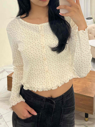 Vintage Mini Flower Frill Shirred Button Crop Two-Piece