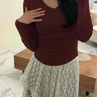 Soft Tension V-Neck Cotton Semi-Crop Long Sleeve T-Shirt