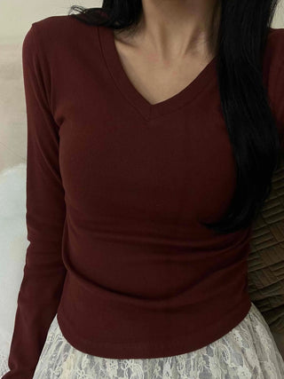 Soft Tension V-Neck Cotton Semi-Crop Long Sleeve T-Shirt