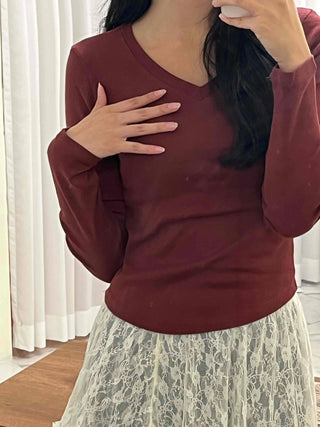 Soft Tension V-Neck Cotton Semi-Crop Long Sleeve T-Shirt