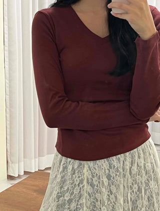 Soft Tension V-Neck Cotton Semi-Crop Long Sleeve T-Shirt