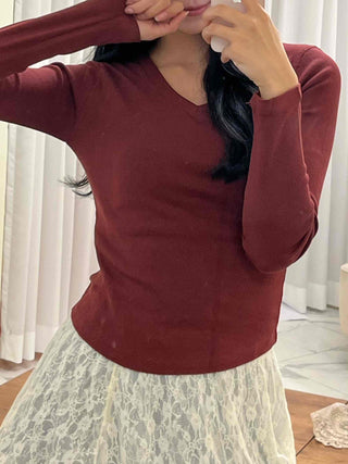 Soft Tension V-Neck Cotton Semi-Crop Long Sleeve T-Shirt