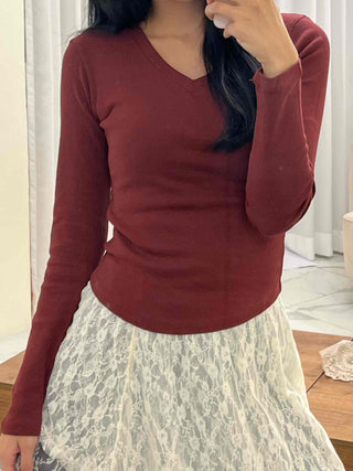 Soft Tension V-Neck Cotton Semi-Crop Long Sleeve T-Shirt