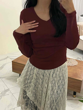 Soft Tension V-Neck Cotton Semi-Crop Long Sleeve T-Shirt