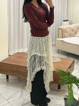 Soft Tension V-Neck Cotton Semi-Crop Long Sleeve T-Shirt