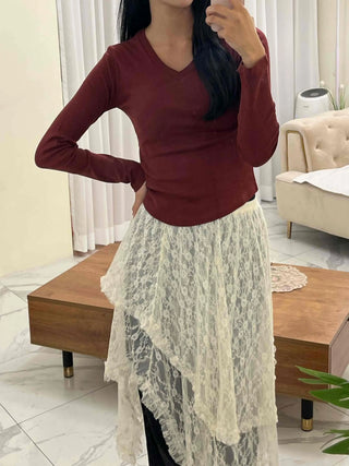 Soft Tension V-Neck Cotton Semi-Crop Long Sleeve T-Shirt
