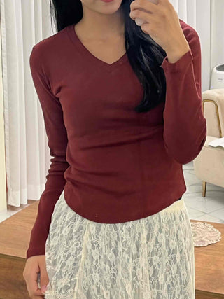 Soft Tension V-Neck Cotton Semi-Crop Long Sleeve T-Shirt