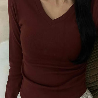 Soft Tension V-Neck Cotton Semi-Crop Long Sleeve T-Shirt